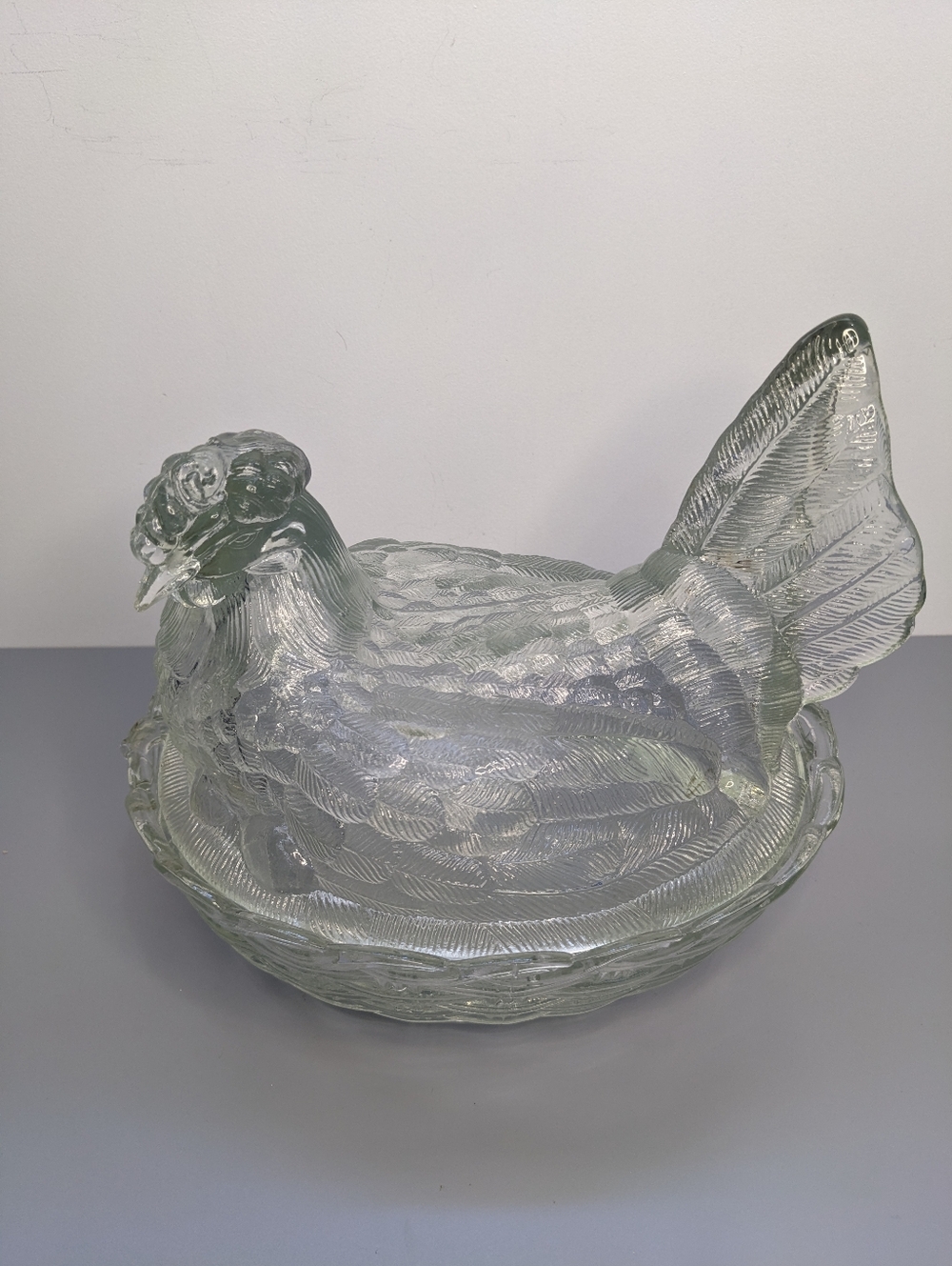 Glass Large Clear Hen On Nest Dish Vintage Green Tint Collectible Read